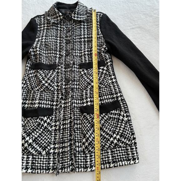 Luii Chic Black White Fringe Houndstooth Plaid Jacket Car Coat Size Large Wool - Picture 7 of 11